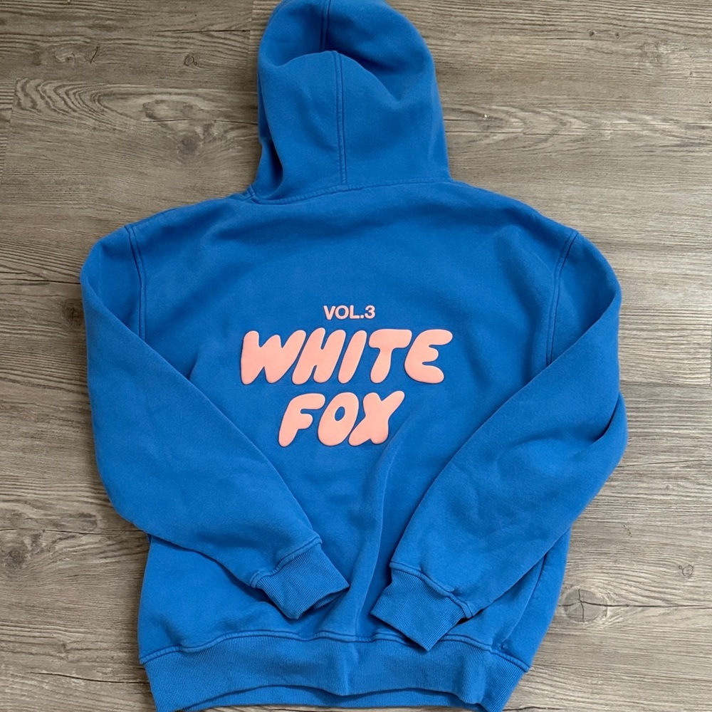 White Fox Boutique Blue Hoodie with Peach Logo